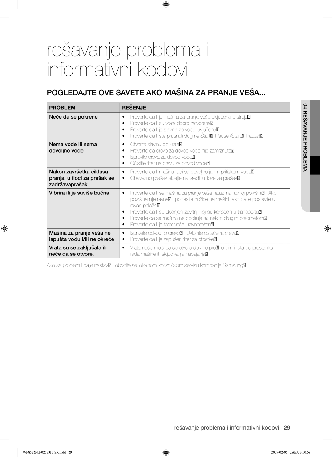 Samsung WF8508NMW/YLE manual Pogledajte OVE Savete AKO Mašina ZA Pranje Veša, Rešavanje problema i informativni kodovi 