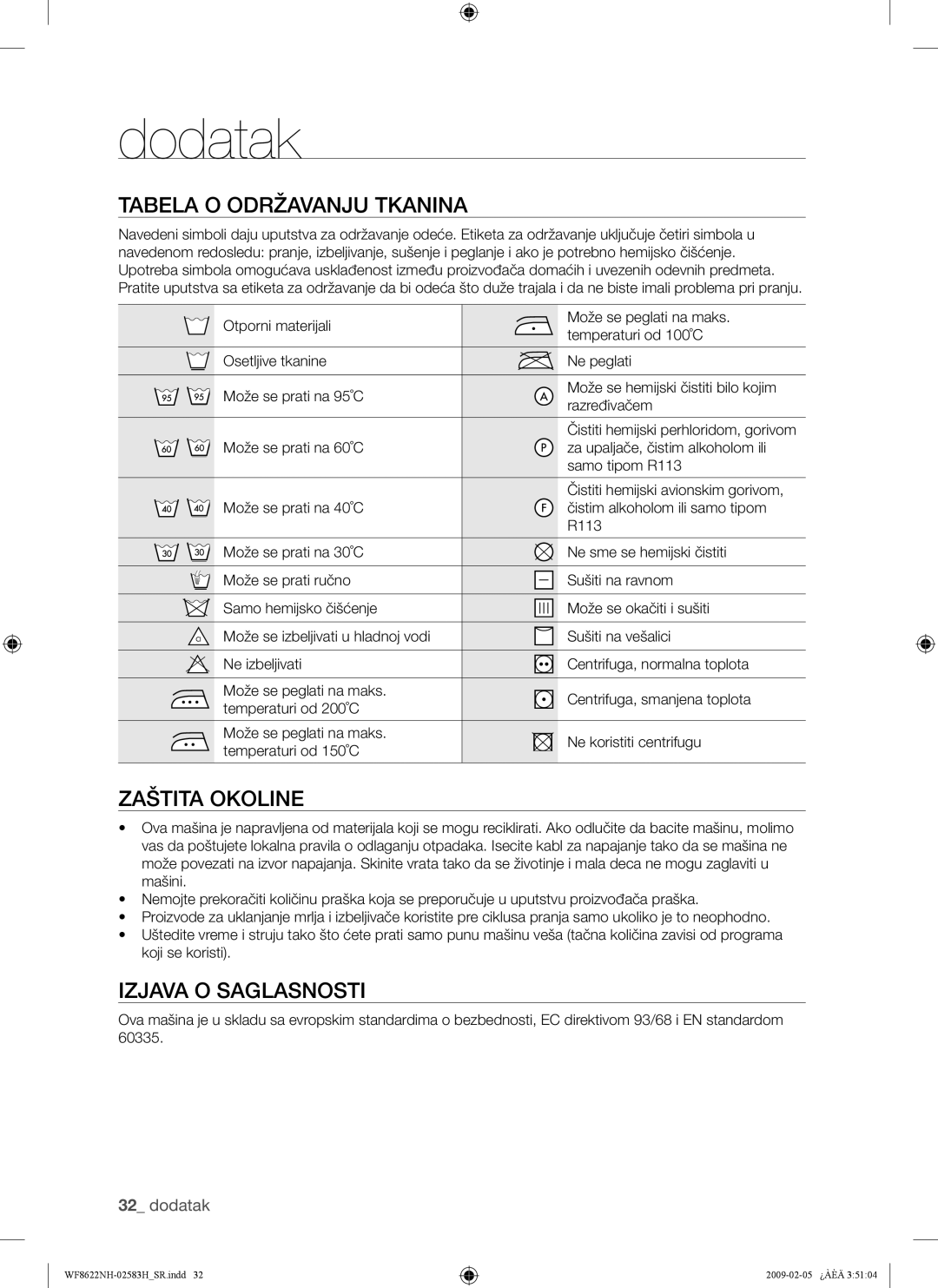 Samsung WF8500NHW/YLP, WF8622NHW/YLE, WF8620NHW/YLE manual Tabela O Održavanju Tkanina, Zaštita Okoline, Izjava O Saglasnosti 