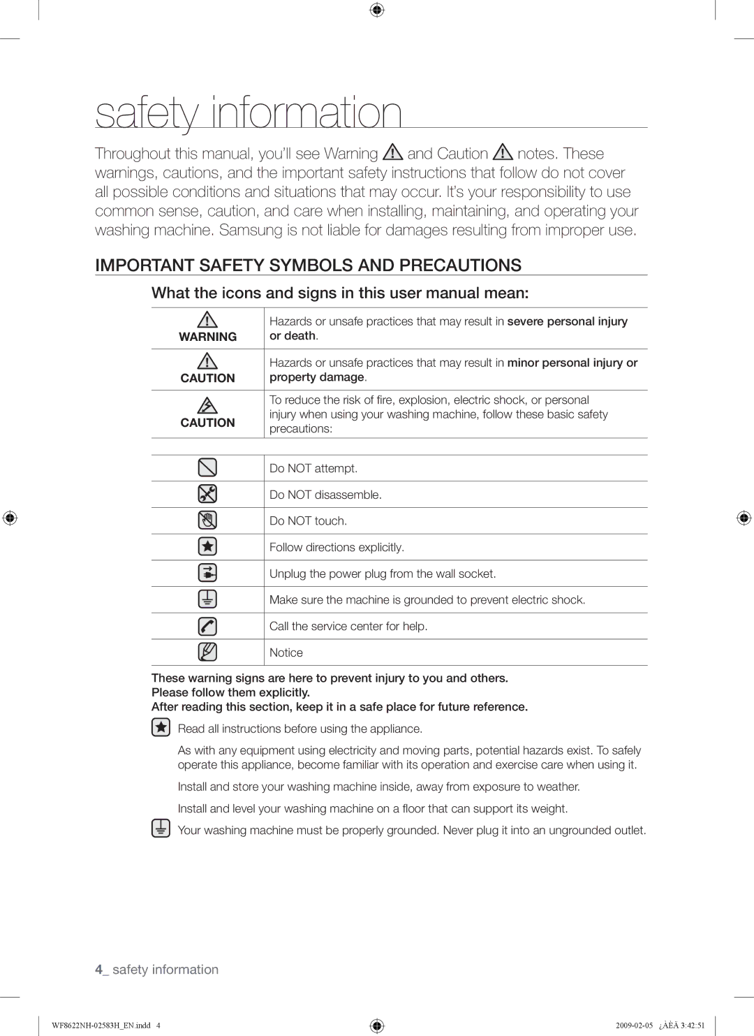 Samsung WF8500NMW/YLE, WF8500NHW/YLP, WF8622NHW/YLE manual Safety information, Important Safety Symbols and Precautions 