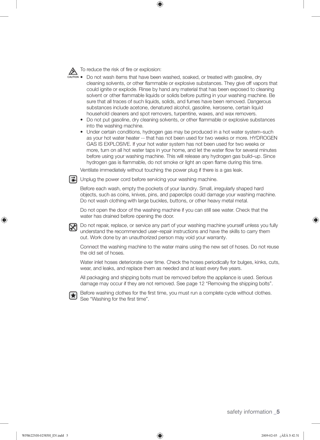 Samsung WF8508NMW/YLE, WF8500NHW/YLP, WF8622NHW/YLE, WF8620NHW/YLE, WF9702N3C/YLE, WF8500NMW/YLE manual Safety information 