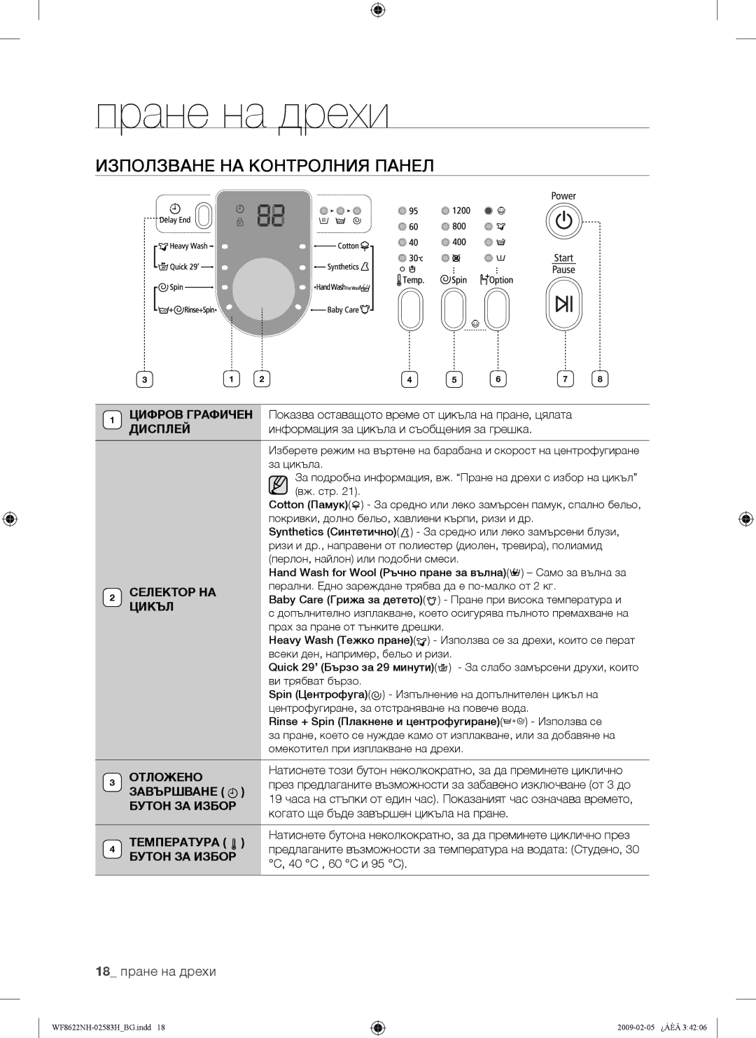 Samsung WF8508NMW/XEH, WF8500NHW/YLP, WF8622NHW/YLE, WF8620NHW/YLE manual Използване НА Контролния Панел, 18 пране на дрехи 