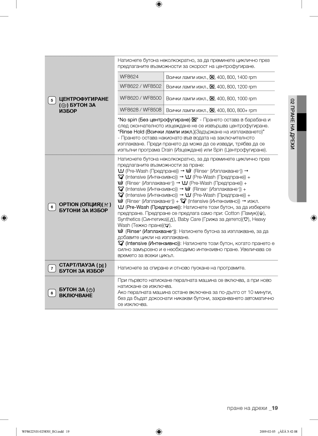 Samsung WF8500NHW/YLE, WF8500NHW/YLP Центрофугиране, Бутон ЗА, Option Опция, Бутони ЗА Избор, Старт/Пауза, Включване 