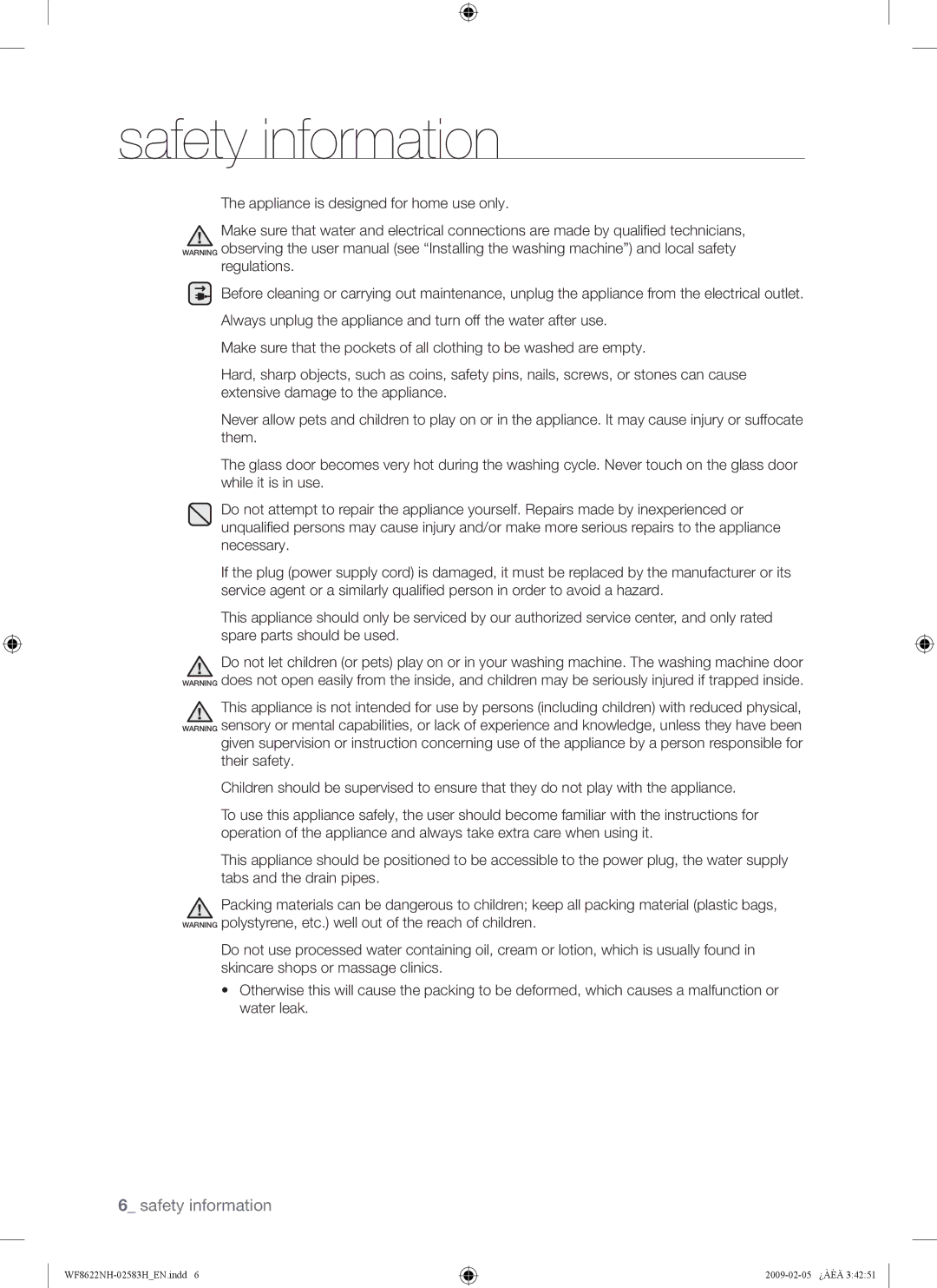 Samsung WF8508NMW/XEH, WF8500NHW/YLP, WF8622NHW/YLE, WF8620NHW/YLE, WF9702N3C/YLE, WF8500NMW/YLE manual Safety information 