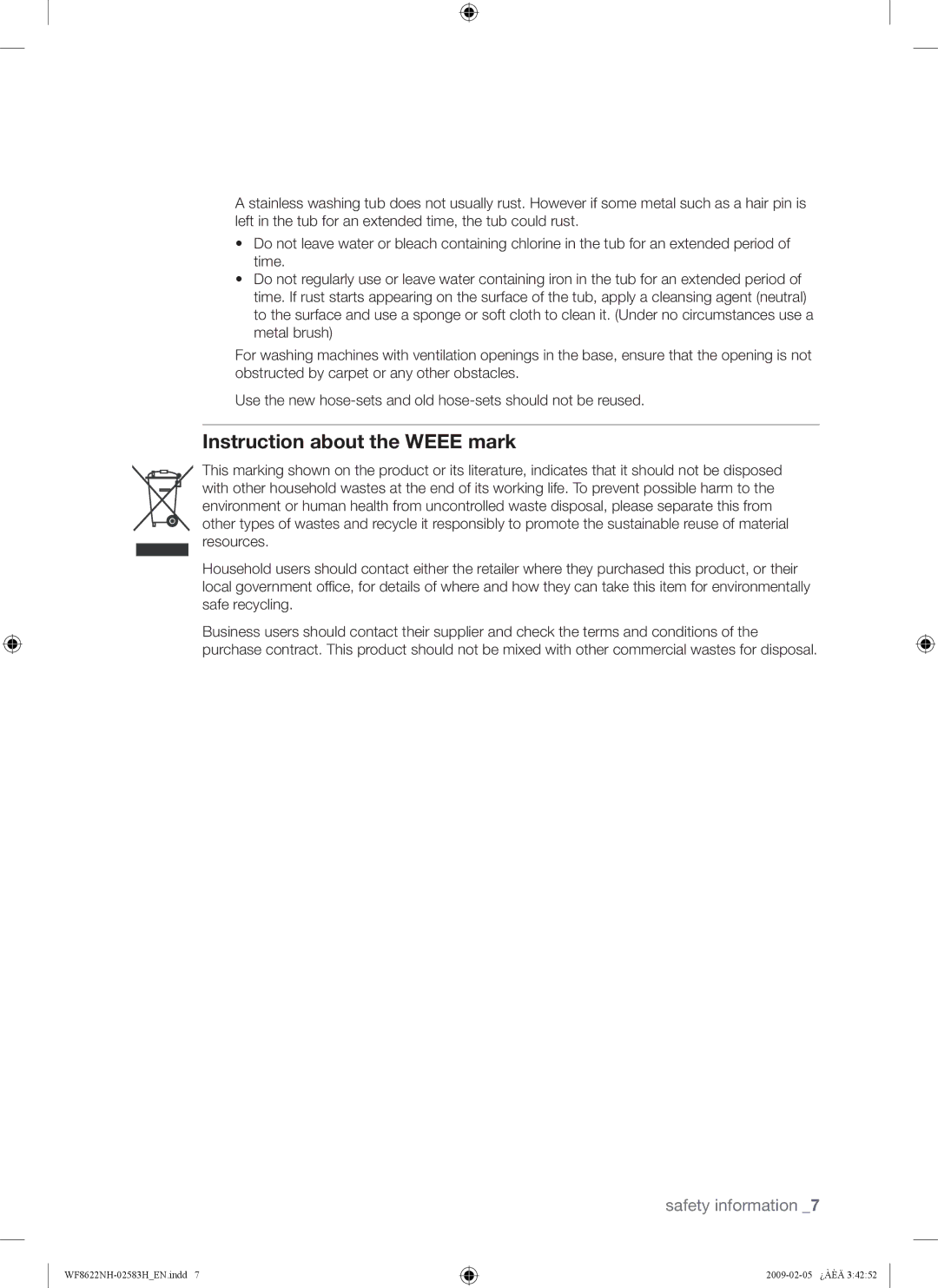 Samsung WF8500NHW/YLE, WF8500NHW/YLP, WF8622NHW/YLE, WF8620NHW/YLE, WF9702N3C/YLE manual Instruction about the Weee mark 