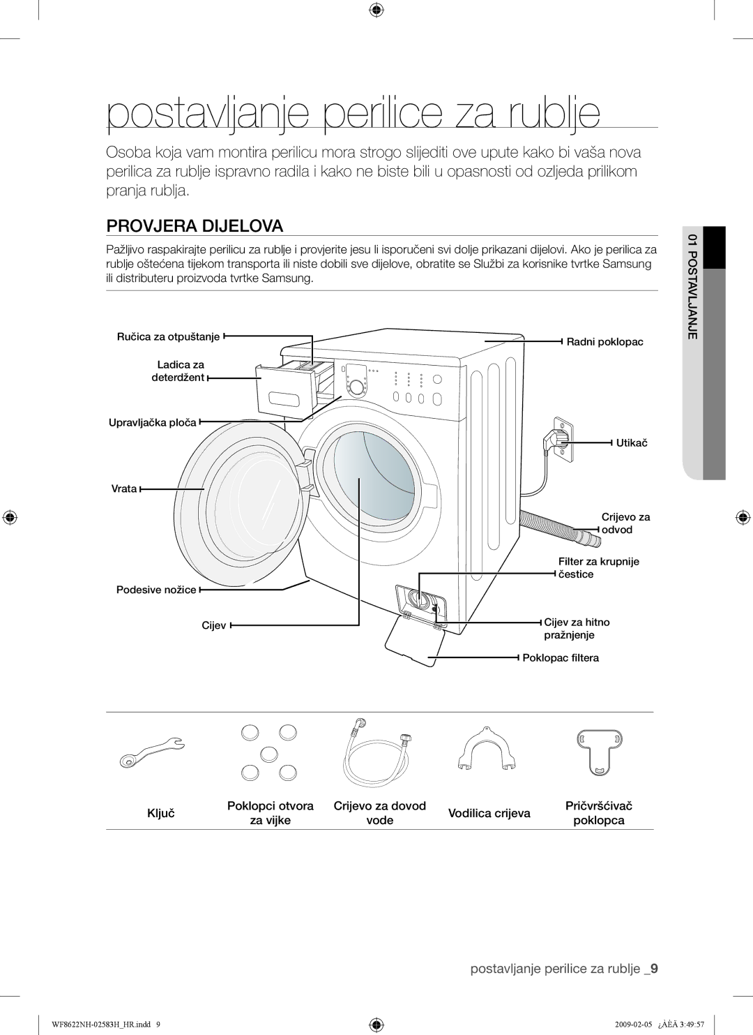 Samsung WF8622NHW/YLE, WF8500NHW/YLP, WF8620NHW/YLE, WF9702N3C/YLE manual Postavljanje perilice za rublje, Provjera Dijelova 