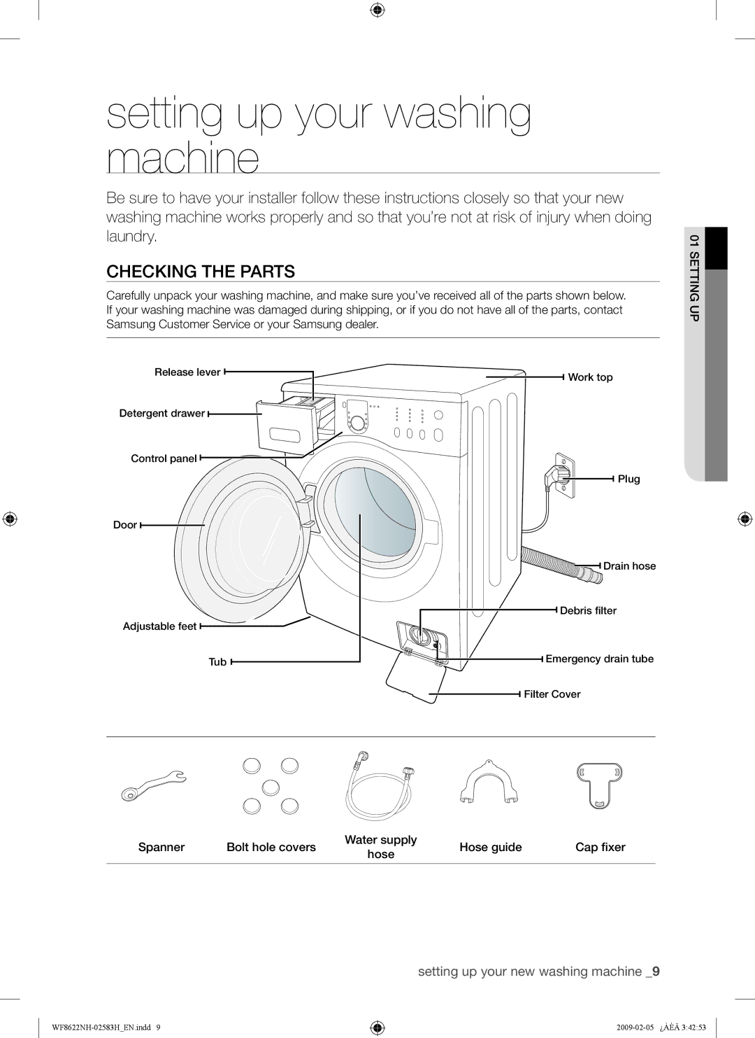 Samsung WF8622NHW/YLE Setting up your washing machine, Checking the Parts, Setting up your new washing machine, Setting UP 