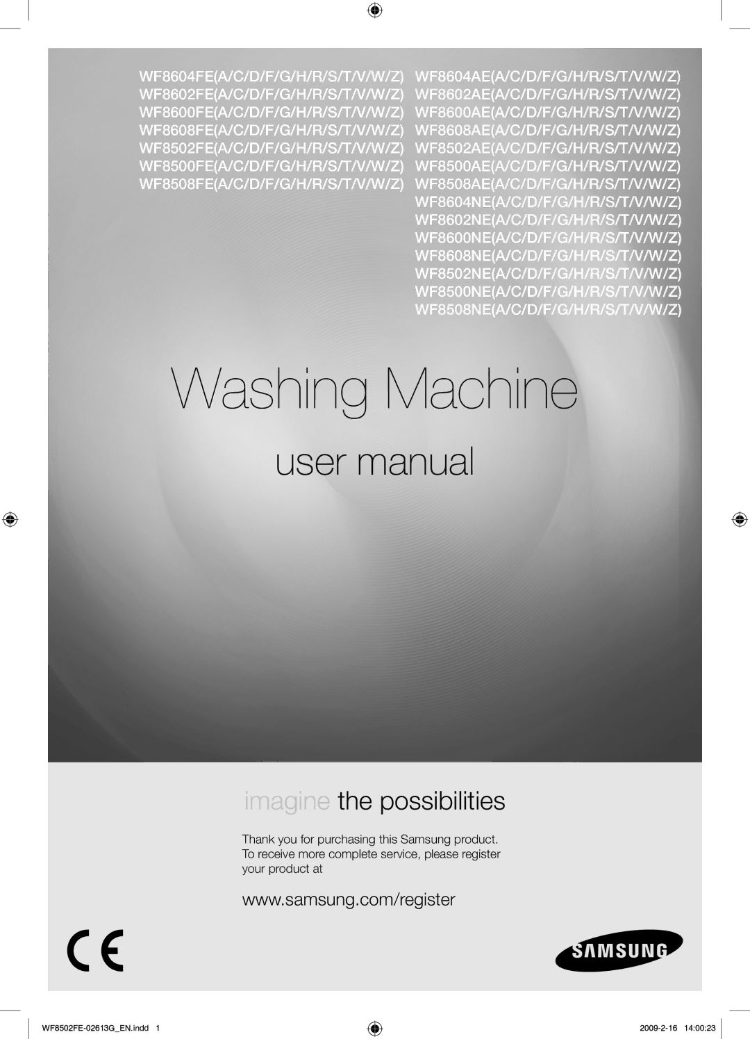 Samsung WF8502FER/YLR manual Washing Machine 