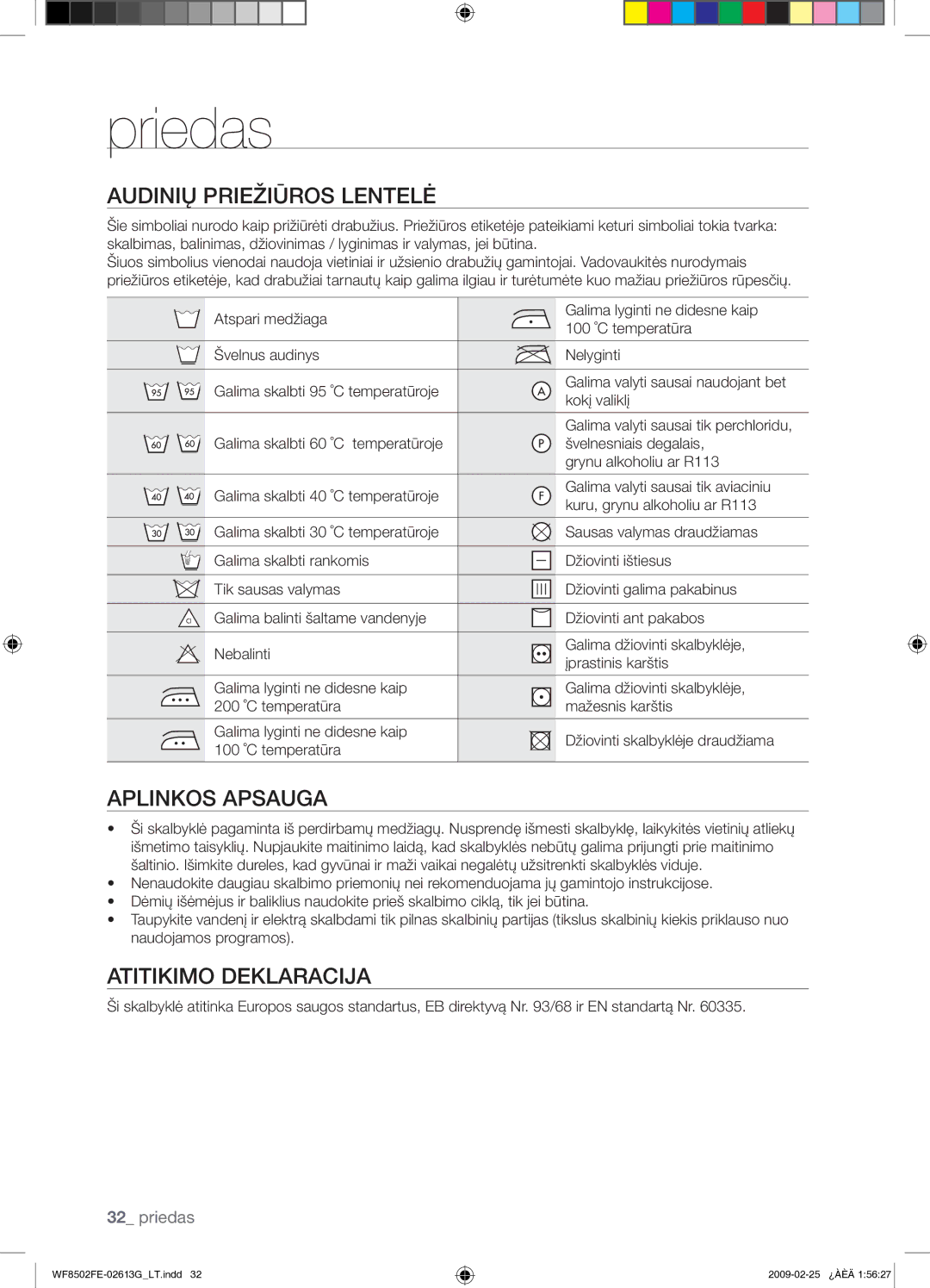 Samsung WF8502FER/YLR manual Priedas, Audinių Priežiūros Lentelė, Aplinkos Apsauga, Atitikimo Deklaracija 