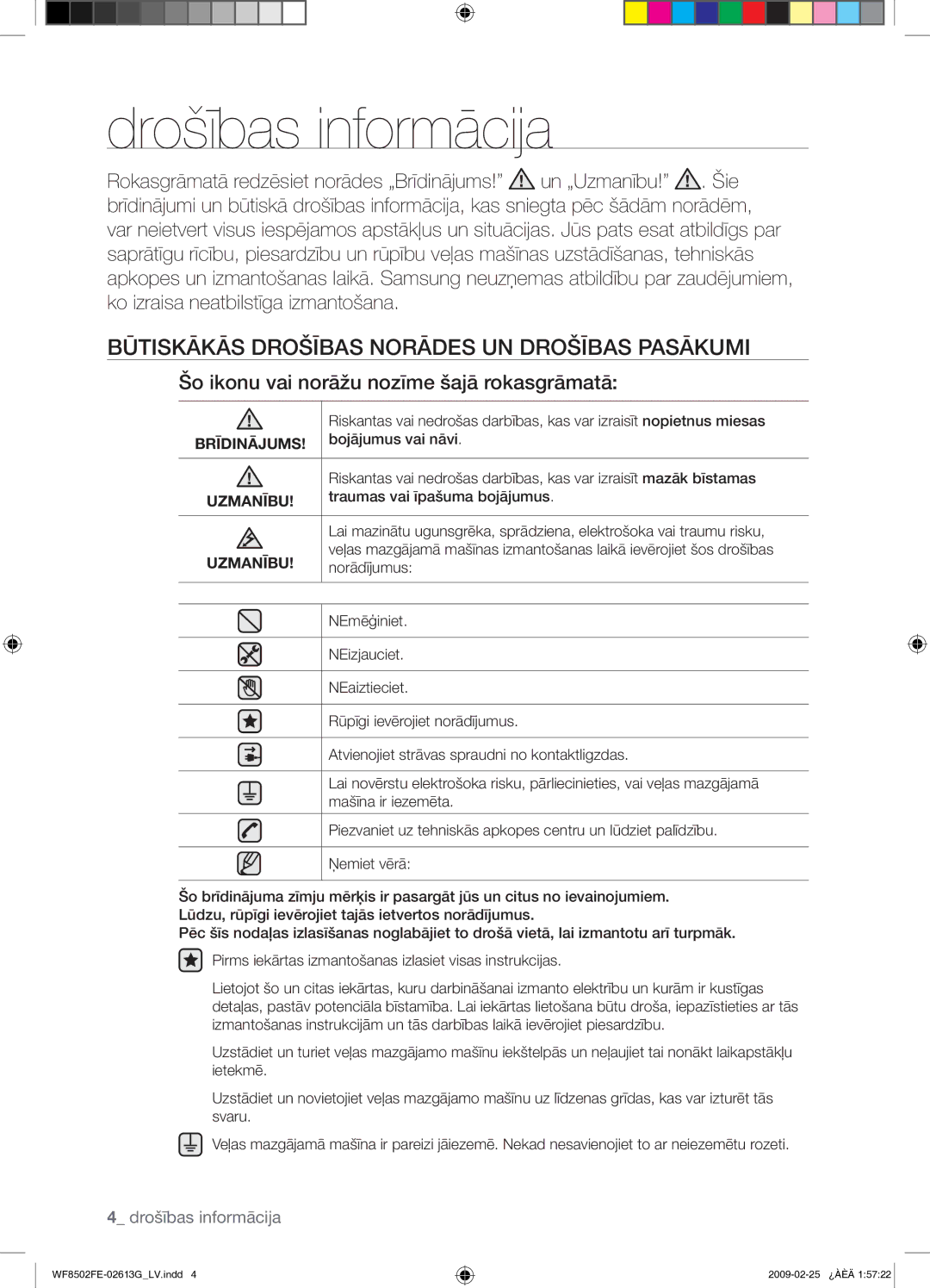 Samsung WF8502FER/YLR manual Drošības informācija, Būtiskākās Drošības Norādes UN Drošības Pasākumi, Brīdinājums, Uzmanību 