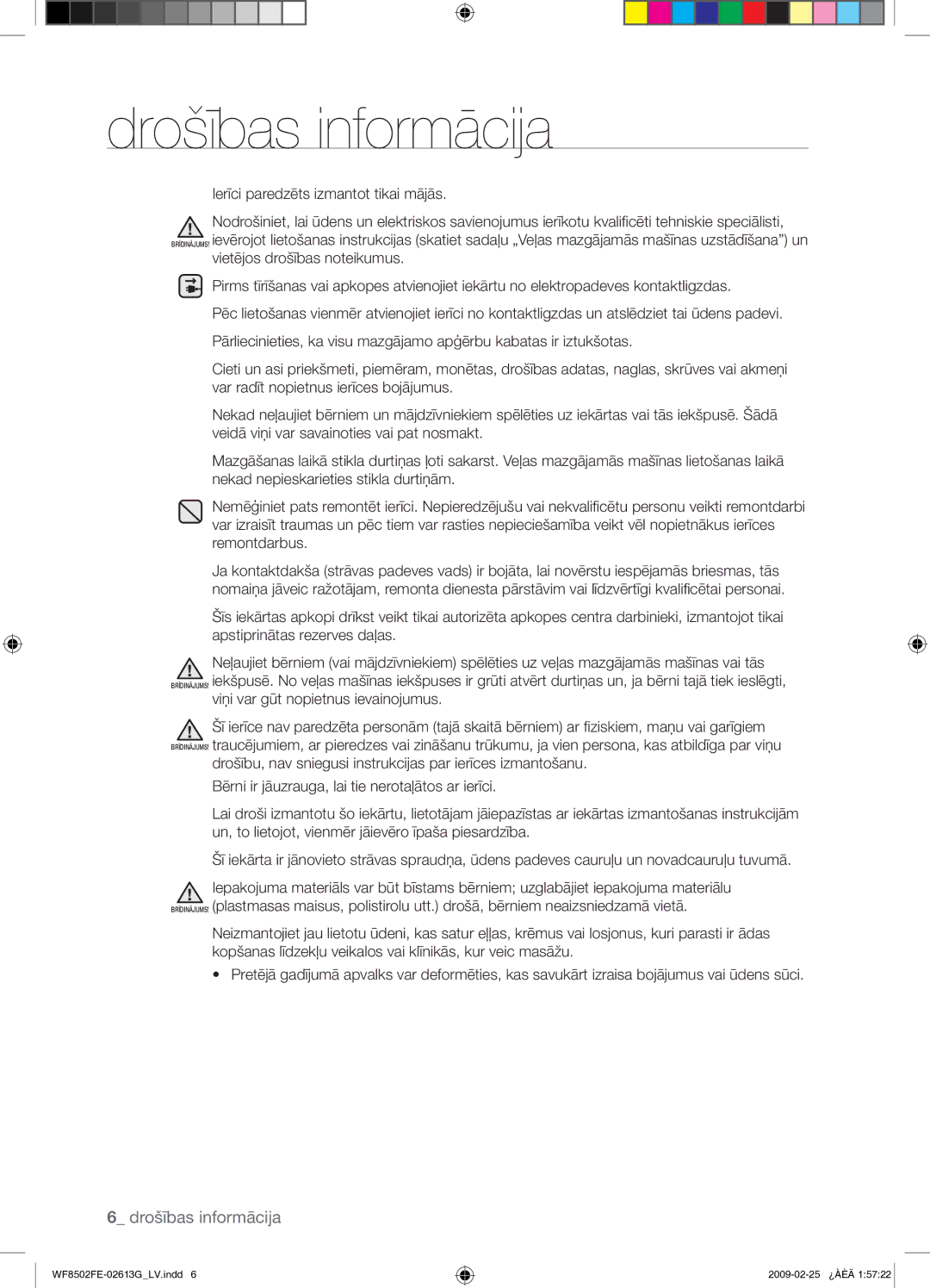 Samsung WF8502FER/YLR manual Drošības informācija 