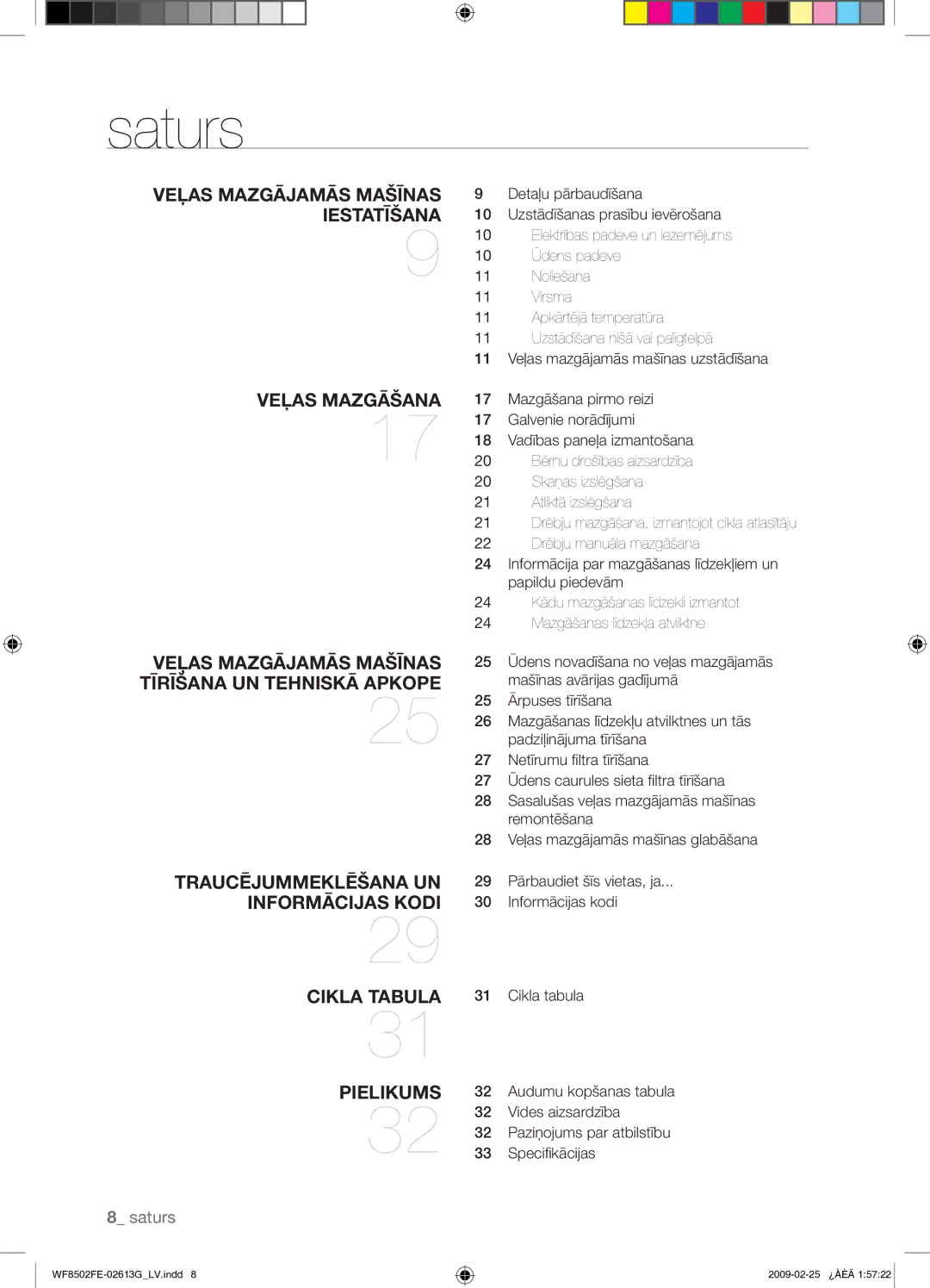 Samsung WF8502FER/YLR manual Saturs 