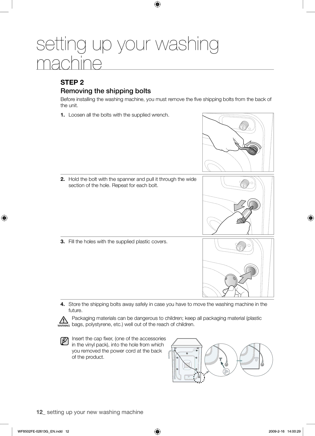 Samsung WF8502FER/YLR manual Removing the shipping bolts 