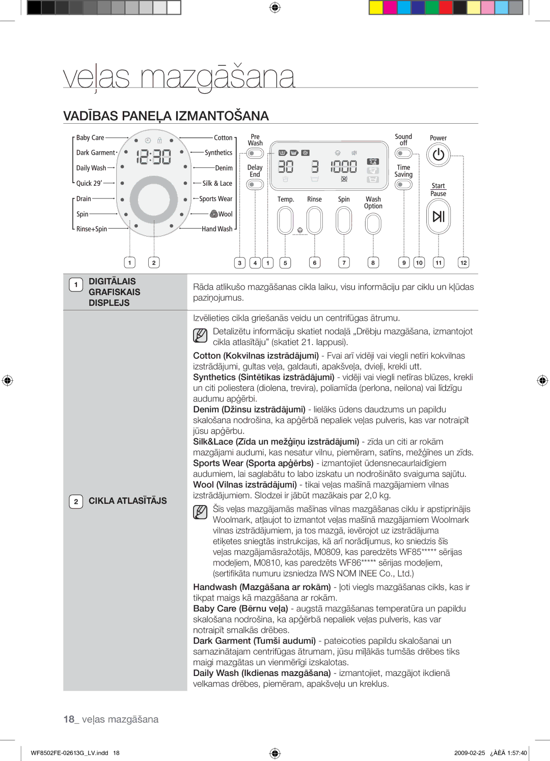 Samsung WF8502FER/YLR manual Vadības Paneļa Izmantošana, Digitālais, Grafiskais, Cikla Atlasītājs 