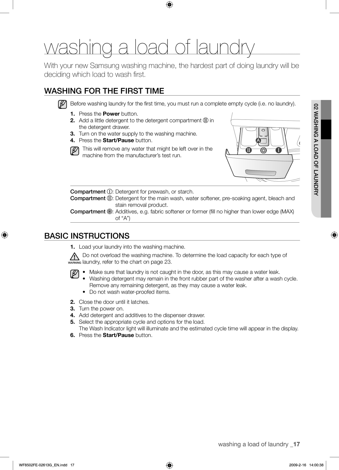 Samsung WF8502FER/YLR manual Washing a load of laundry, Washing for the First Time, Basic Instructions 