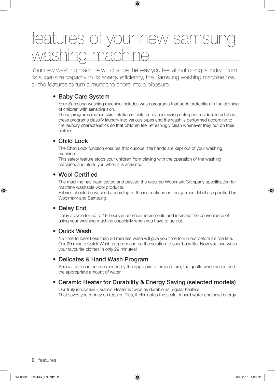 Samsung WF8502FER/YLR manual Features of your new samsung washing machine 