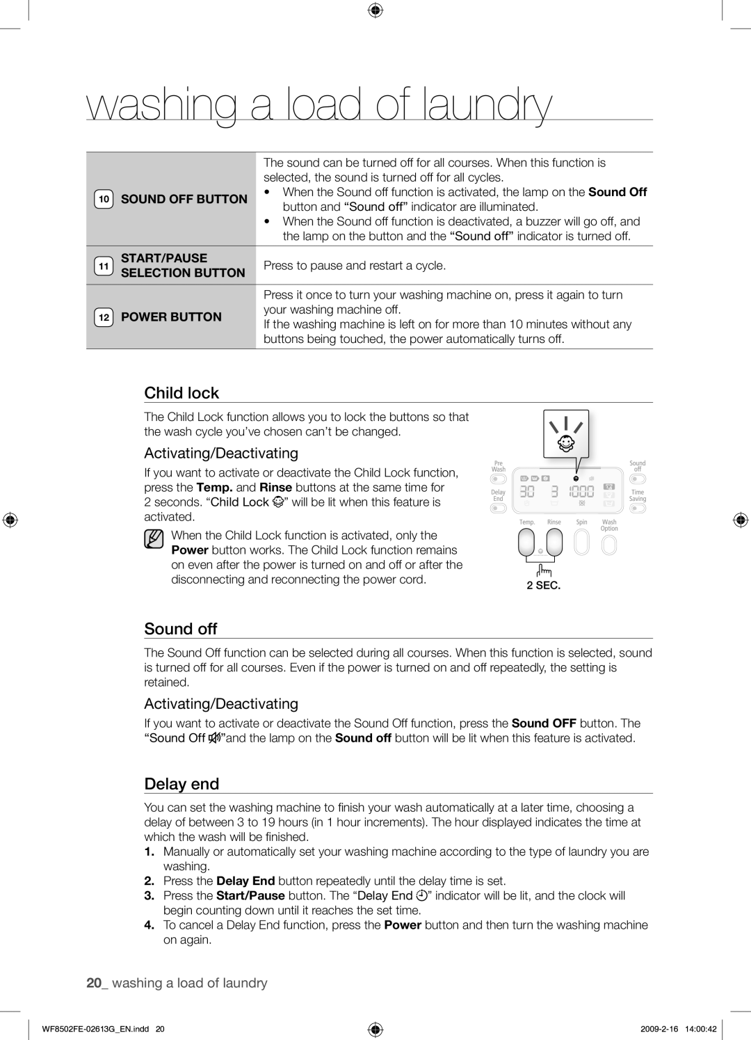 Samsung WF8502FER/YLR manual Sound off, Activating/Deactivating, Start/Pause 