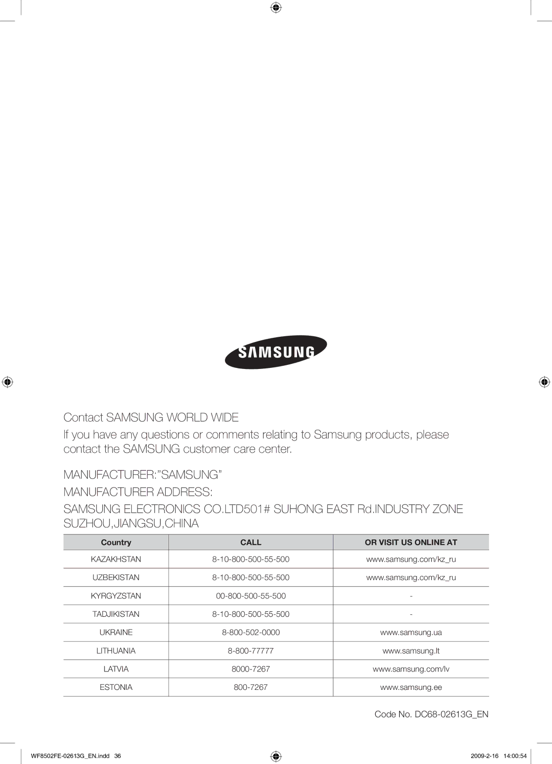 Samsung WF8502FER/YLR manual MANUFACTURER’’SAMSUNG’’ Manufacturer Address, Code No. DC68-02613GEN 