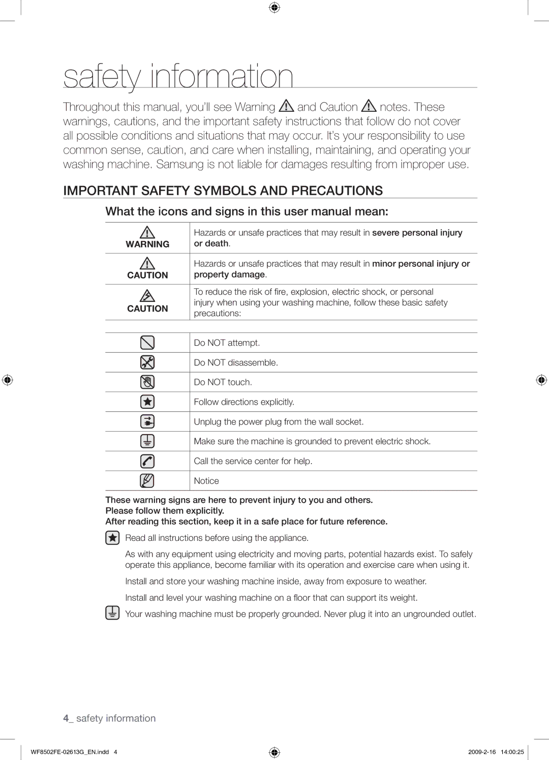 Samsung WF8502FER/YLR manual Safety information, Important Safety Symbols and Precautions, Or death, Property damage 