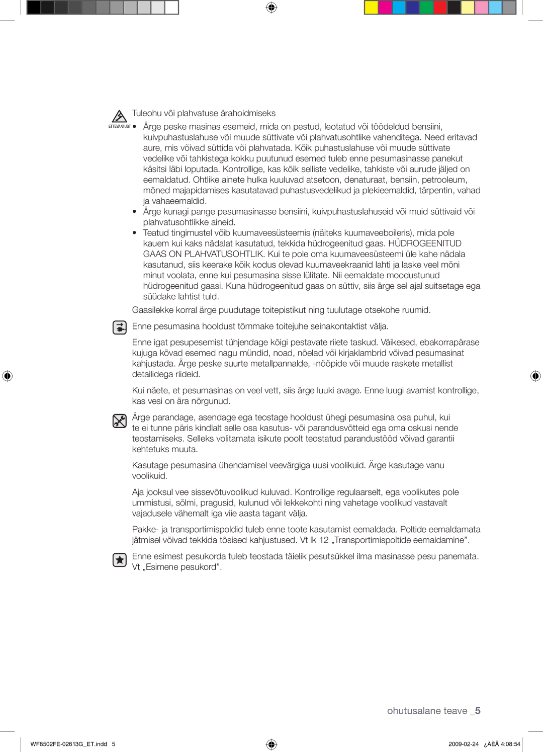 Samsung WF8502FER/YLR manual Ohutusalane teave 