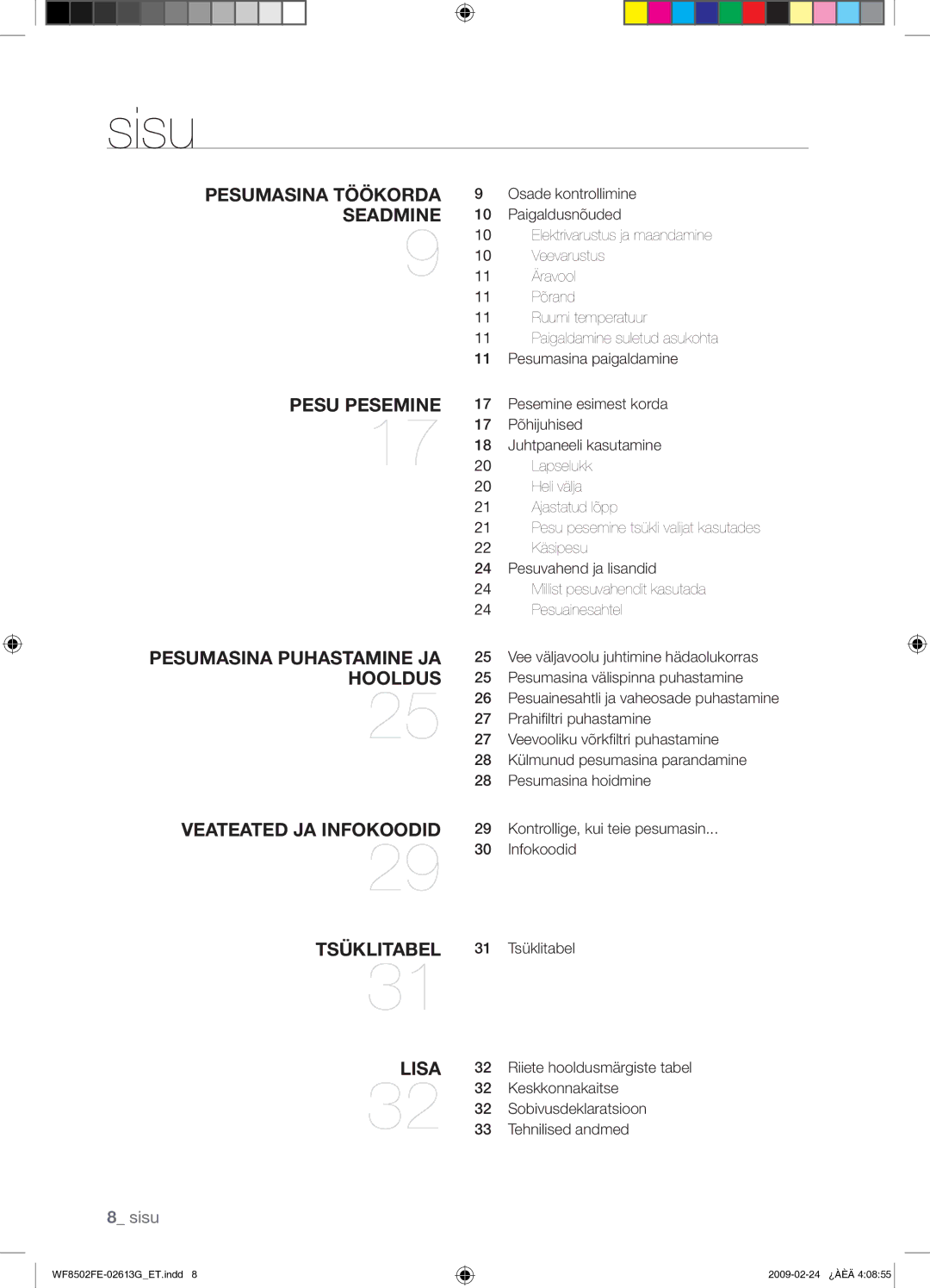 Samsung WF8502FER/YLR manual Sisu, Keskkonnakaitse, Sobivusdeklaratsioon, Tehnilised andmed 