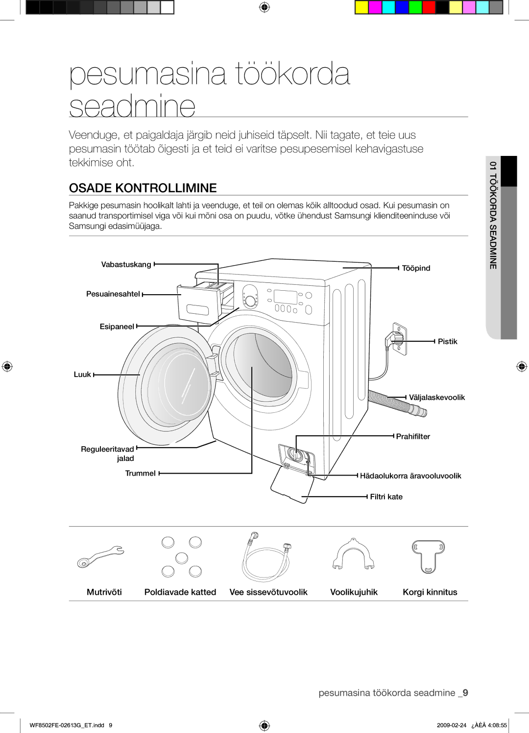 Samsung WF8502FER/YLR manual Pesumasina töökorda seadmine, Osade Kontrollimine 