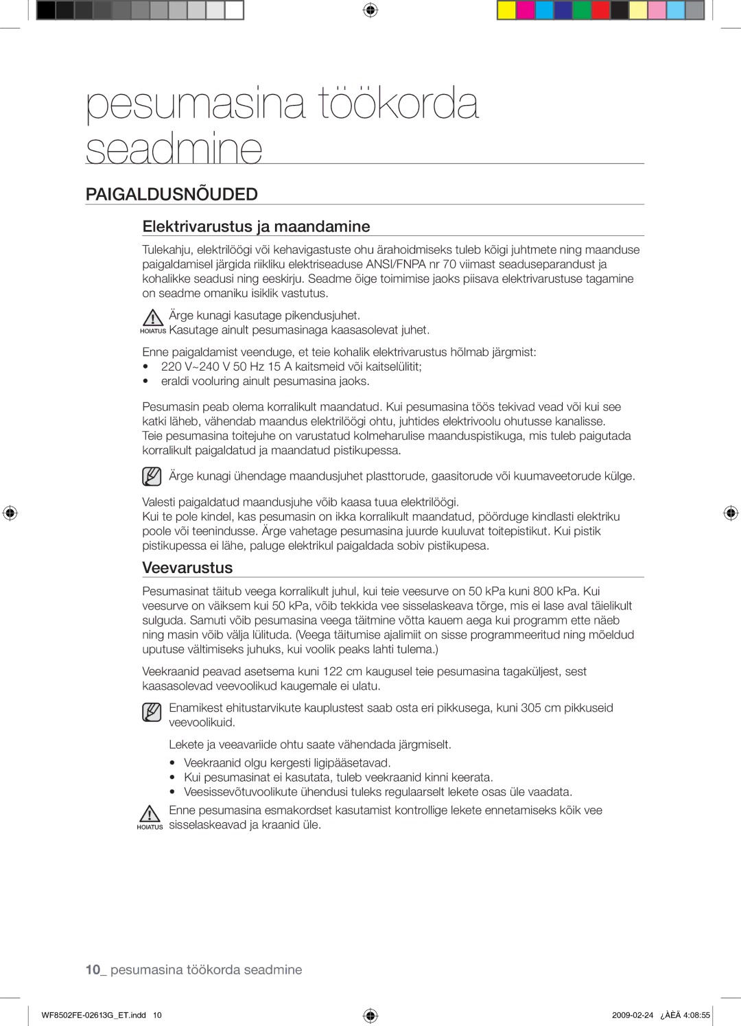 Samsung WF8502FER/YLR manual Paigaldusnõuded, Elektrivarustus ja maandamine, Veevarustus 