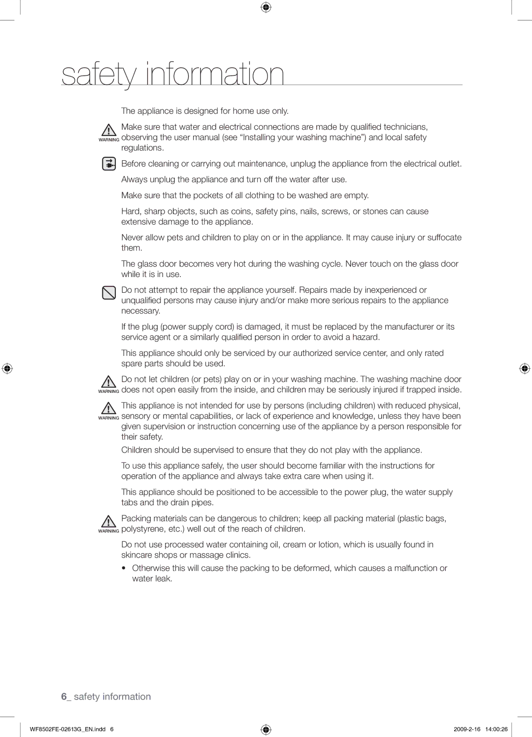 Samsung WF8502FER/YLR manual Safety information 