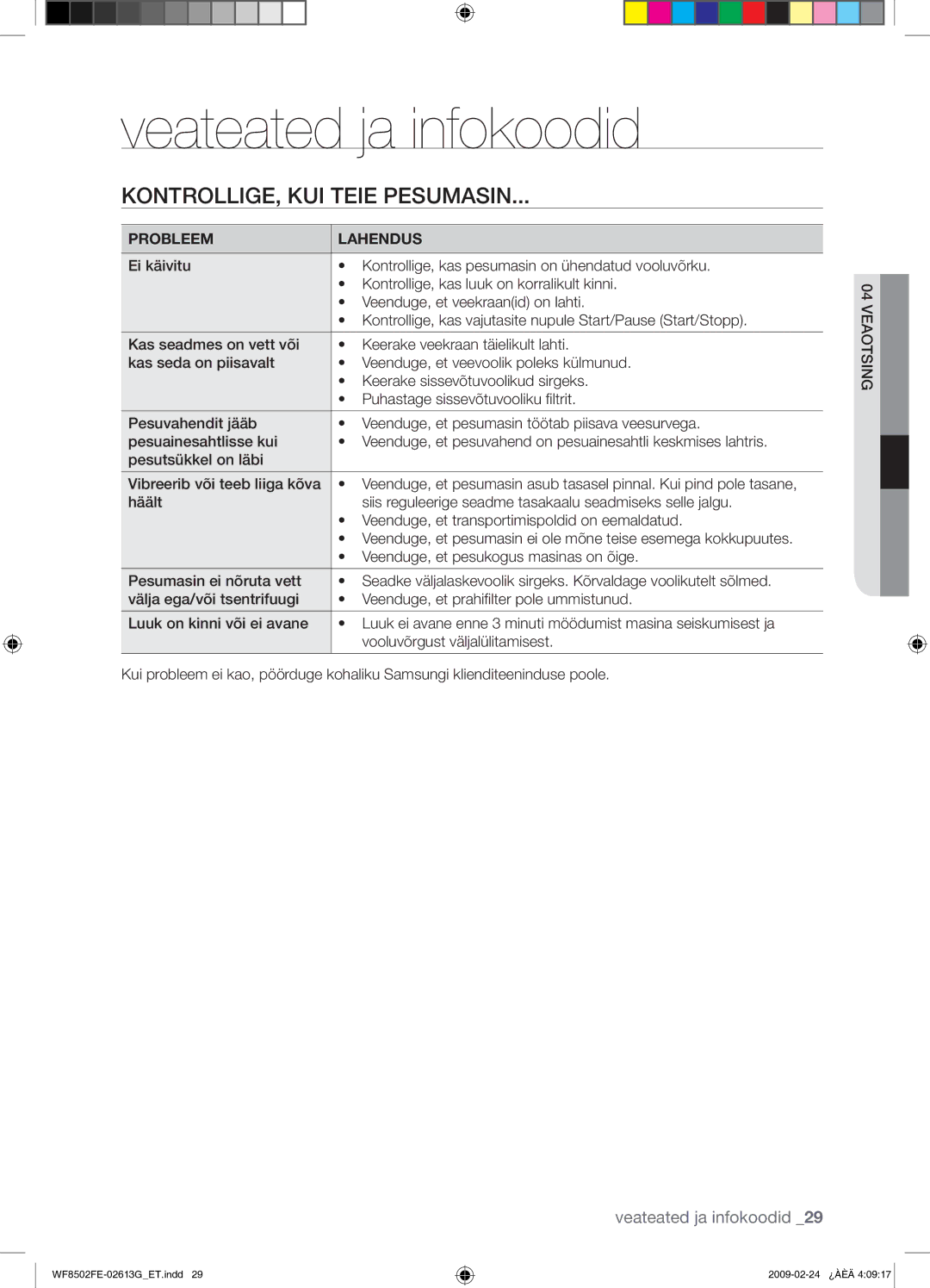 Samsung WF8502FER/YLR manual Veateated ja infokoodid, KONTROLLIGE, KUI Teie Pesumasin, Probleem Lahendus 