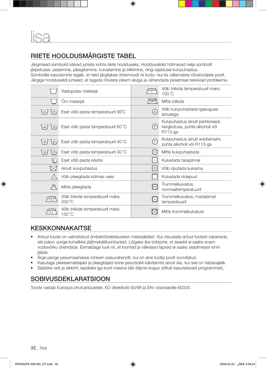 Samsung WF8502FER/YLR manual Lisa, Riiete Hooldusmärgiste Tabel, Keskkonnakaitse, Sobivusdeklaratsioon 