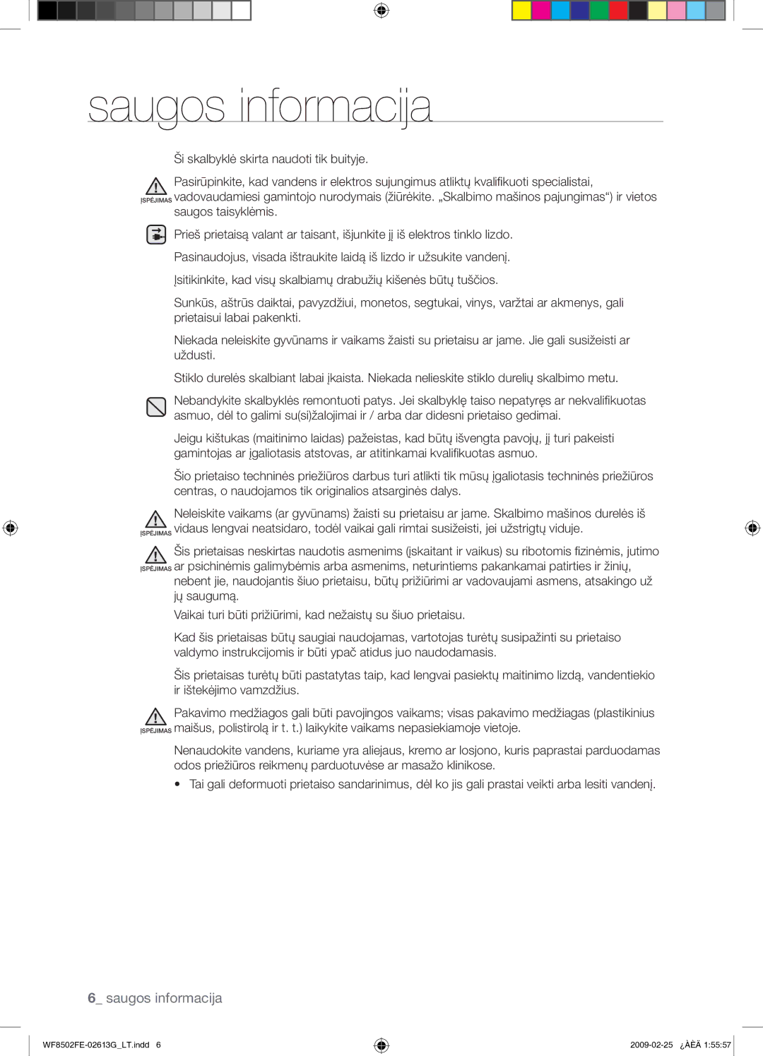 Samsung WF8502FER/YLR manual Saugos informacija 