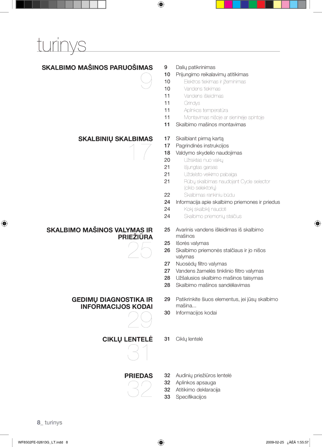 Samsung WF8502FER/YLR manual Turinys 