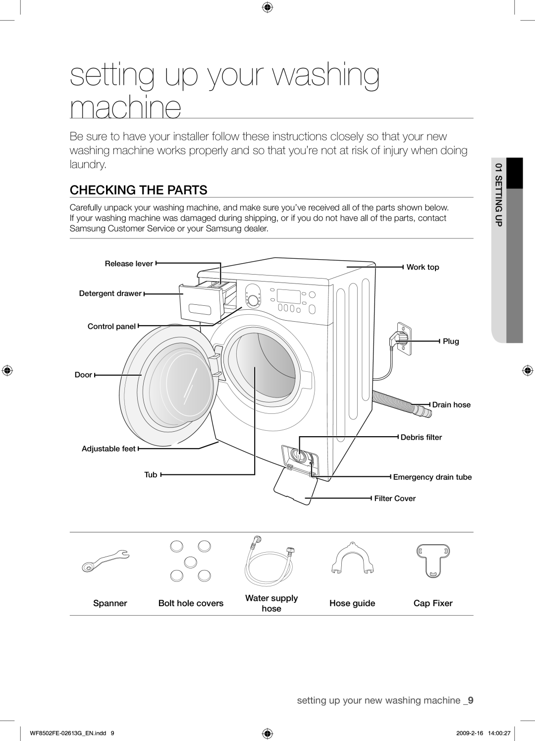 Samsung WF8502FER/YLR manual Setting up your washing machine, Checking the Parts 