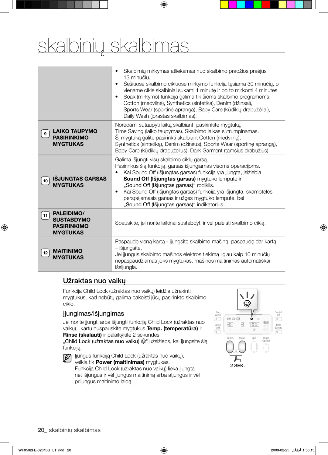 Samsung WF8502FER/YLR manual Įjungimas/išjungimas, Išjungtas Garsas, Paleidimo Sustabdymo, Maitinimo 