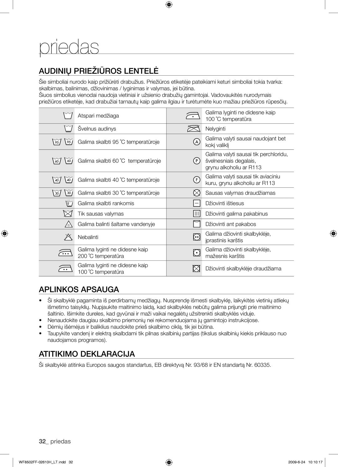 Samsung WF8502FFC/YLR manual Priedas, Audinių Priežiūros Lentelė, Aplinkos Apsauga, Atitikimo Deklaracija 