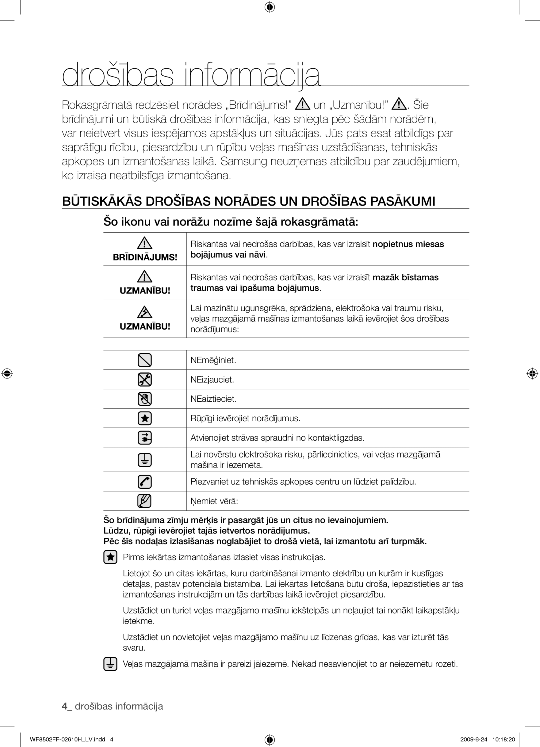 Samsung WF8502FFC/YLR manual Drošības informācija, Būtiskākās Drošības Norādes UN Drošības Pasākumi, Brīdinājums, Uzmanību 