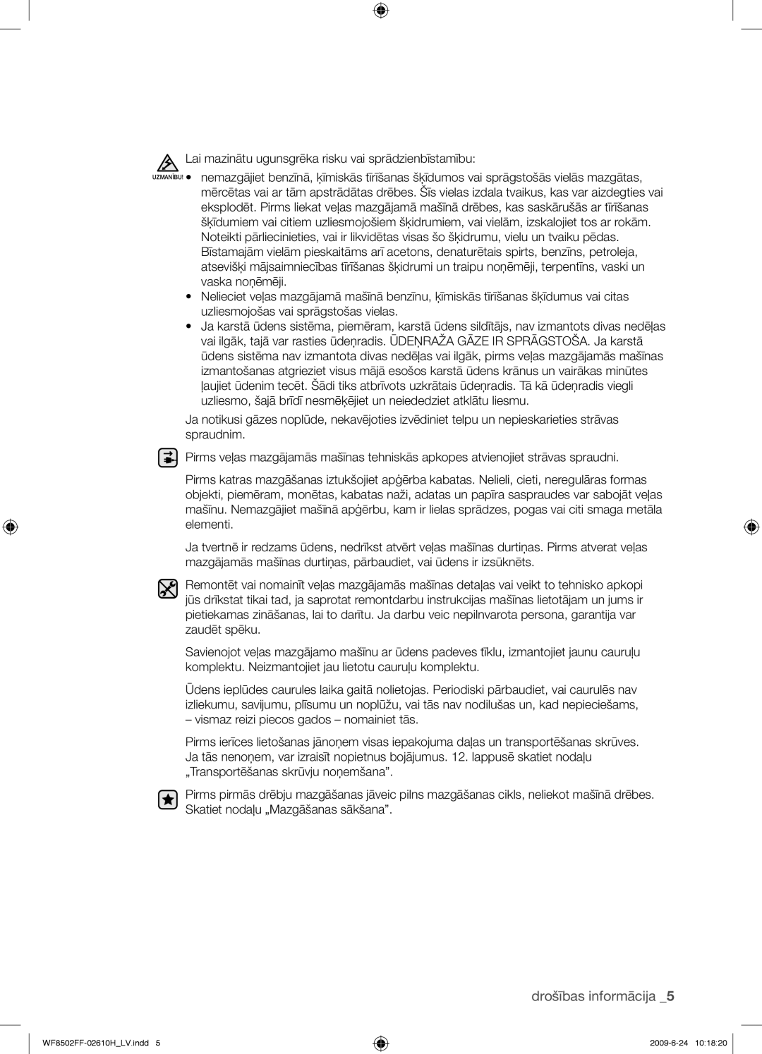 Samsung WF8502FFC/YLR manual Drošības informācija 