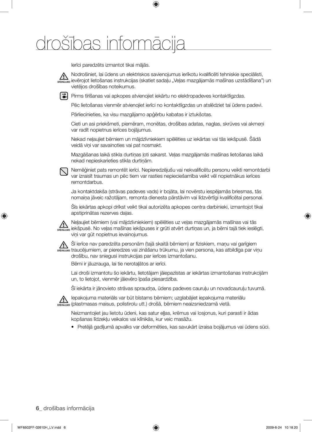 Samsung WF8502FFC/YLR manual Drošības informācija 