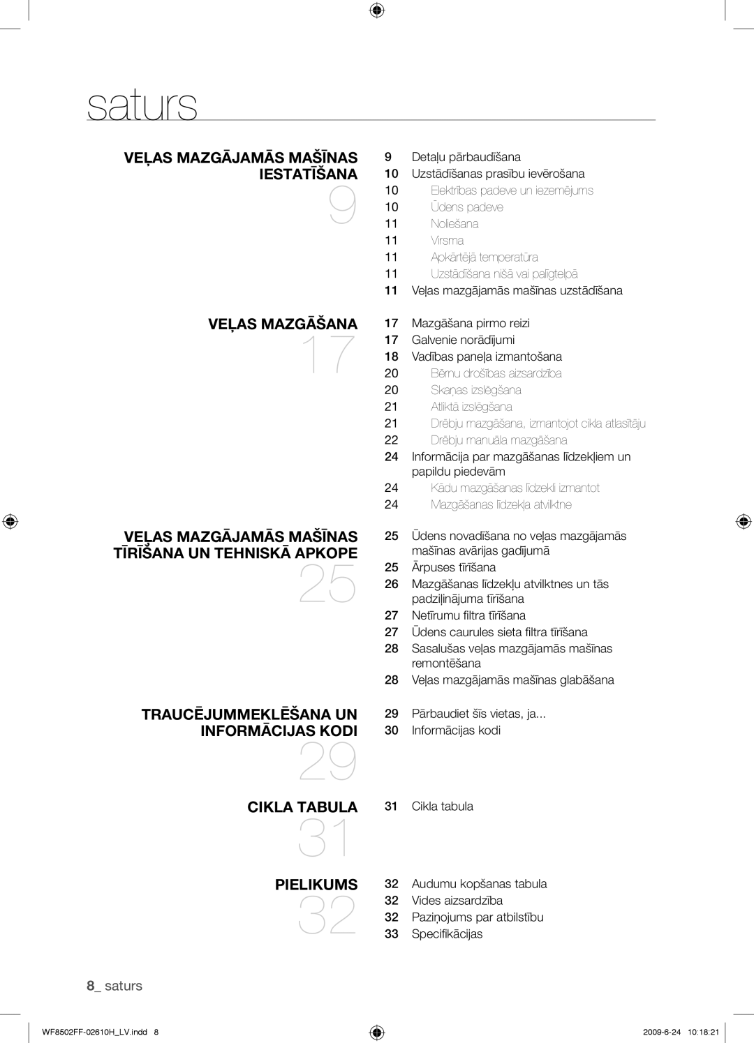 Samsung WF8502FFC/YLR manual Saturs, Veļas Mazgājamās Mašīnas Iestatīšana 