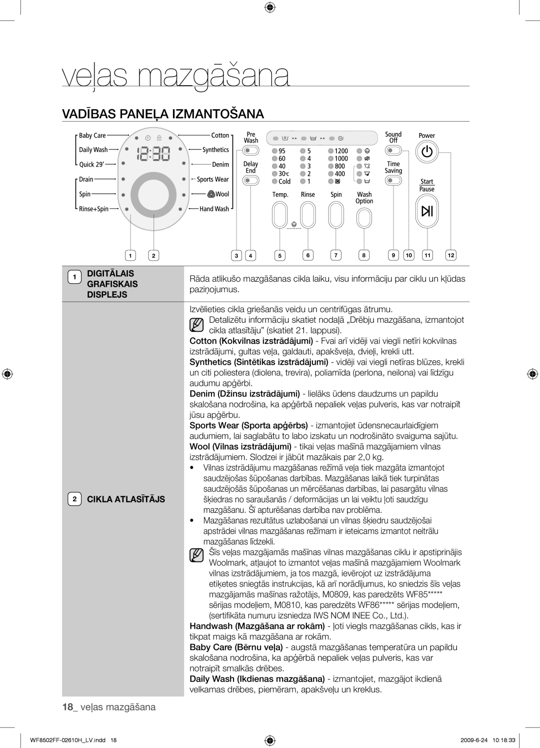 Samsung WF8502FFC/YLR manual Vadības Paneļa Izmantošana, Digitālais, Grafiskais 