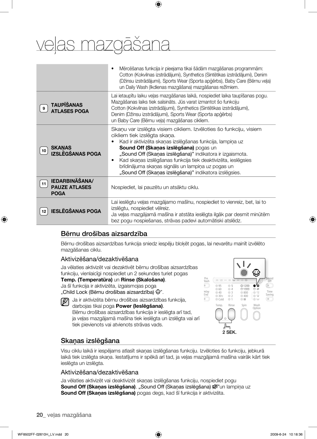 Samsung WF8502FFC/YLR manual Skaņas izslēgšana, Aktivizēšana/dezaktivēšana 