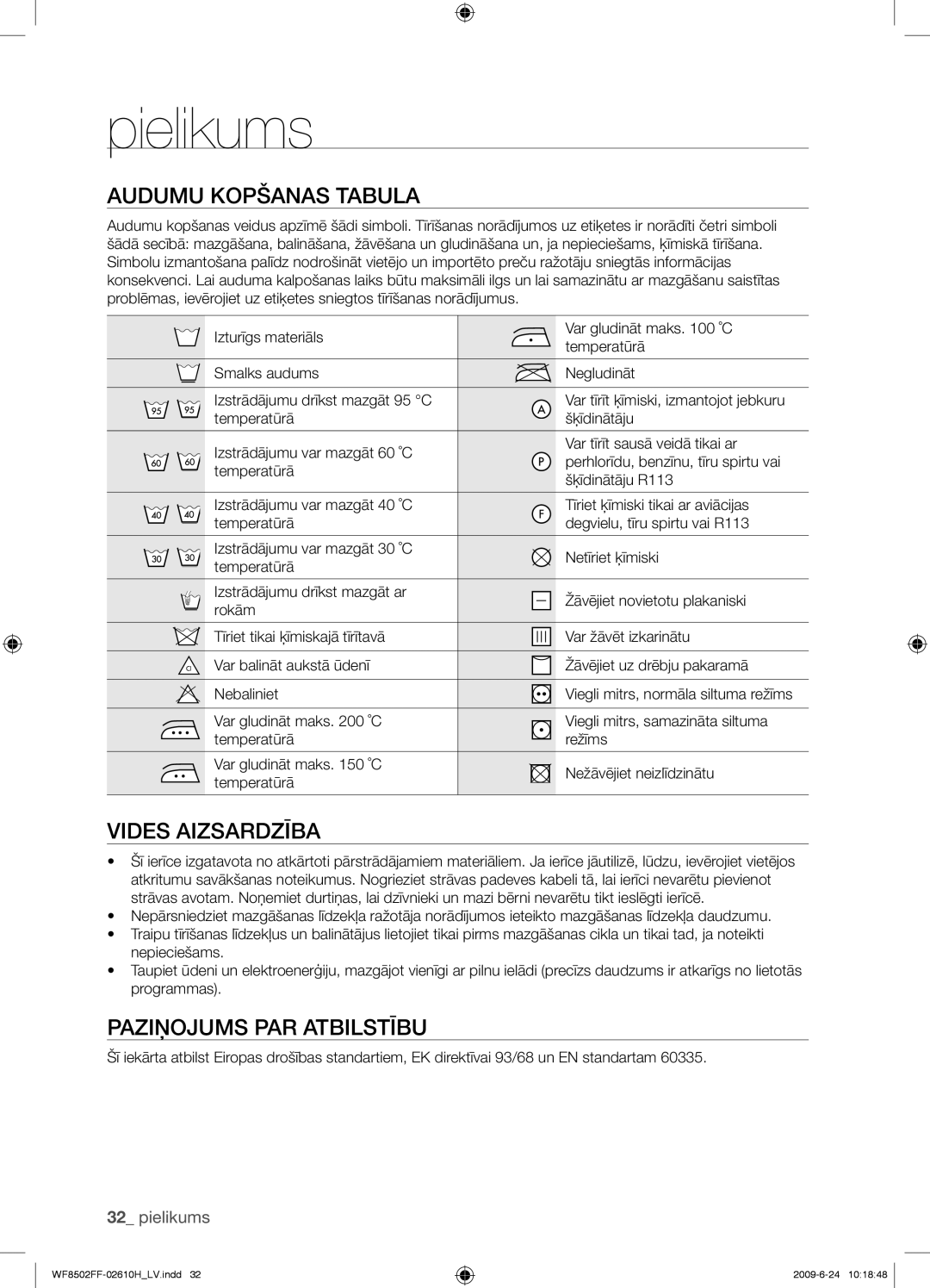 Samsung WF8502FFC/YLR manual Pielikums, Audumu Kopšanas Tabula, Vides Aizsardzība, Paziņojums PAR Atbilstību 