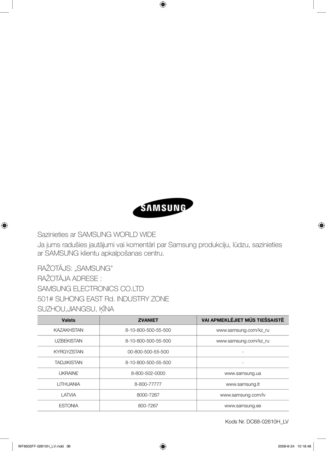 Samsung WF8502FFC/YLR manual 501# Suhong East Rd. Industry Zone SUZHOU,JIANGSU, Ķīna, Kods Nr. DC68-02610HLV 