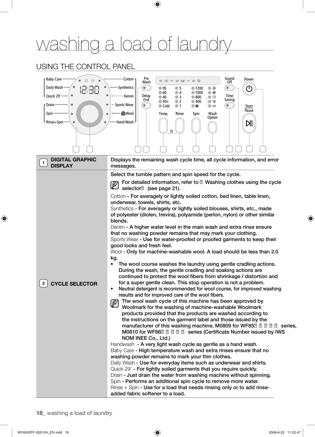 Samsung WF8502FFC/YLR manual Using the Control Panel, Cycle Selector 