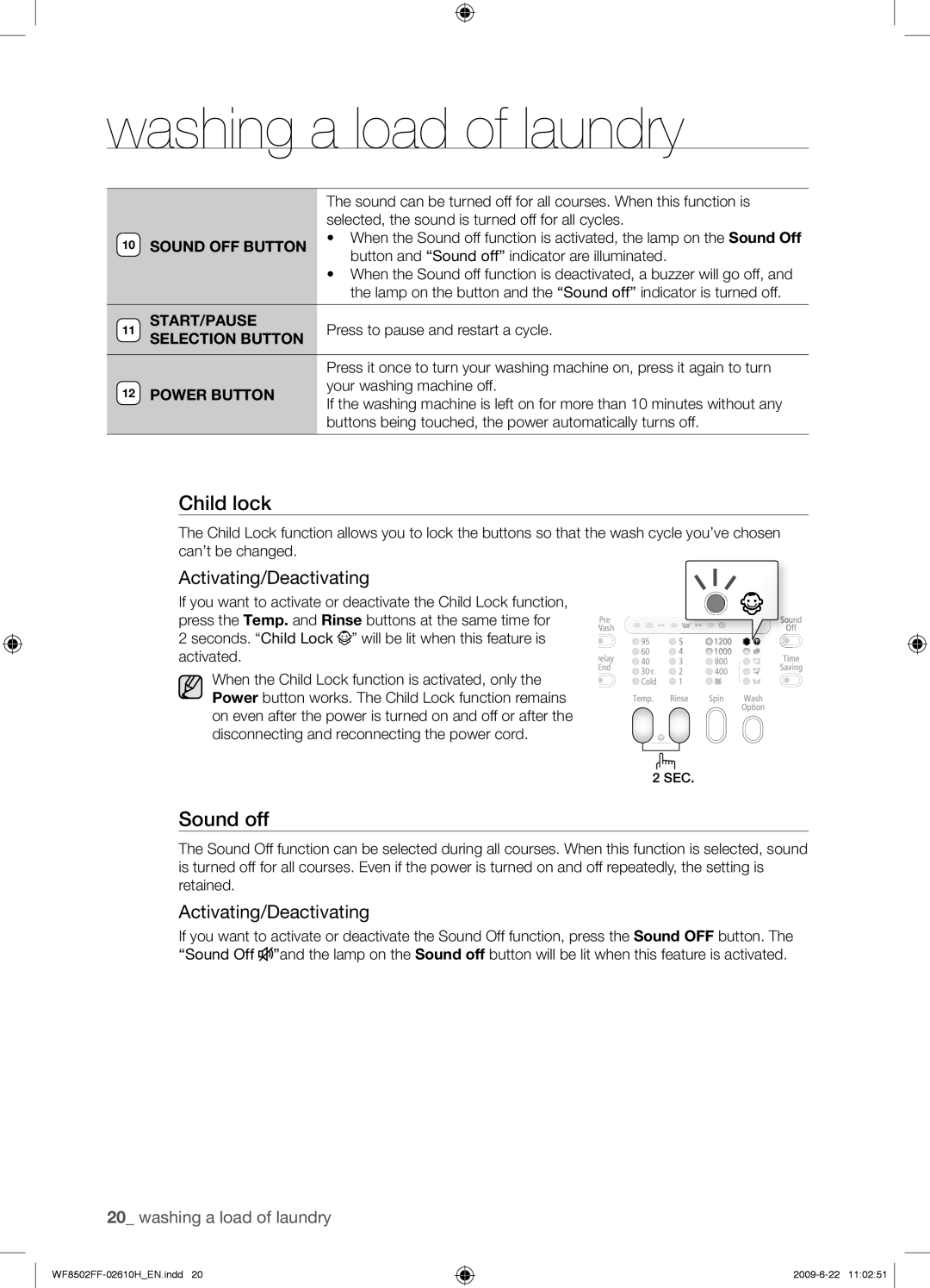 Samsung WF8502FFC/YLR manual Sound off, Activating/Deactivating, Start/Pause 