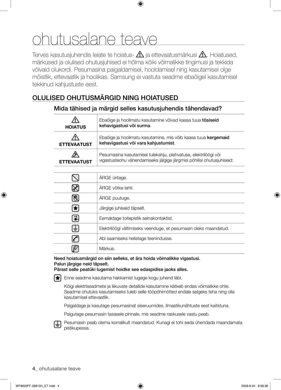 Samsung WF8502FFC/YLR manual Ohutusalane teave, Olulised Ohutusmärgid Ning Hoiatused, Ettevaatust 