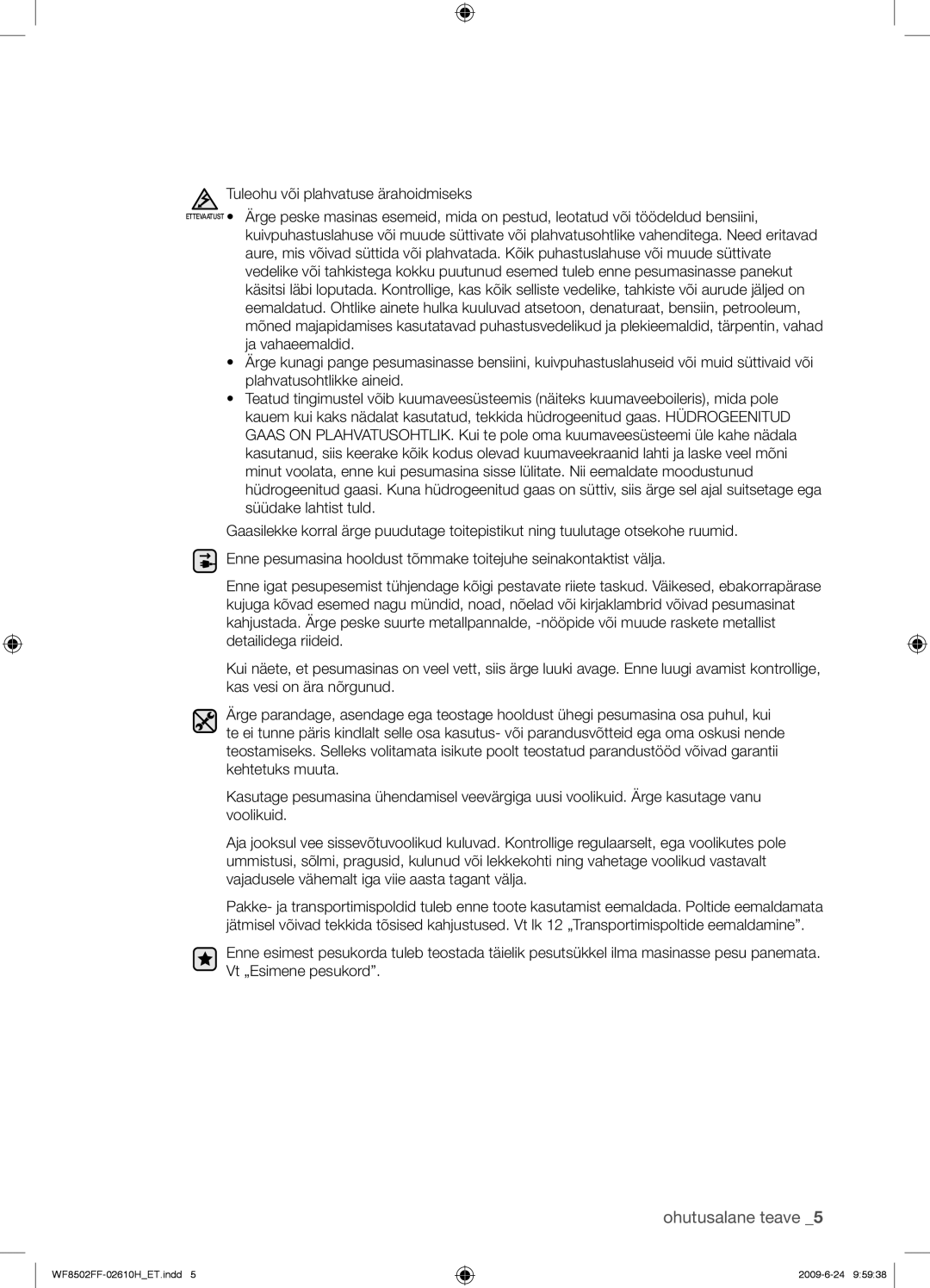 Samsung WF8502FFC/YLR manual Ohutusalane teave 