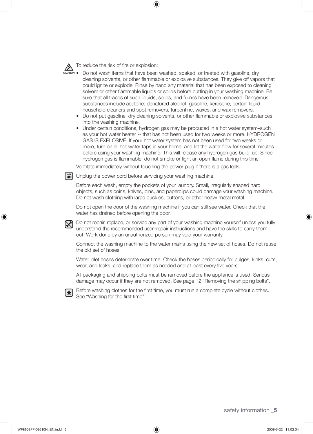 Samsung WF8502FFC/YLR manual Safety information 