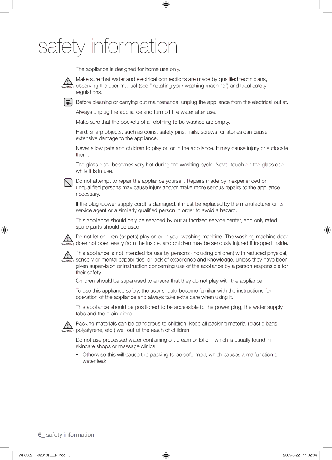 Samsung WF8502FFC/YLR manual Safety information 