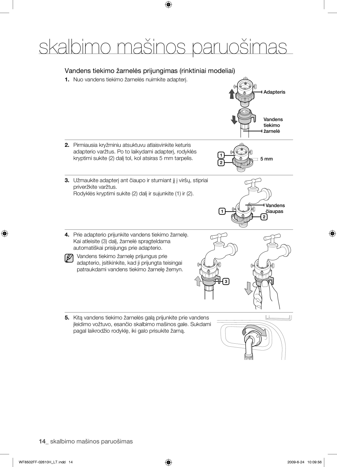 Samsung WF8502FFC/YLR manual Vandens tiekimo žarnelės prijungimas rinktiniai modeliai 