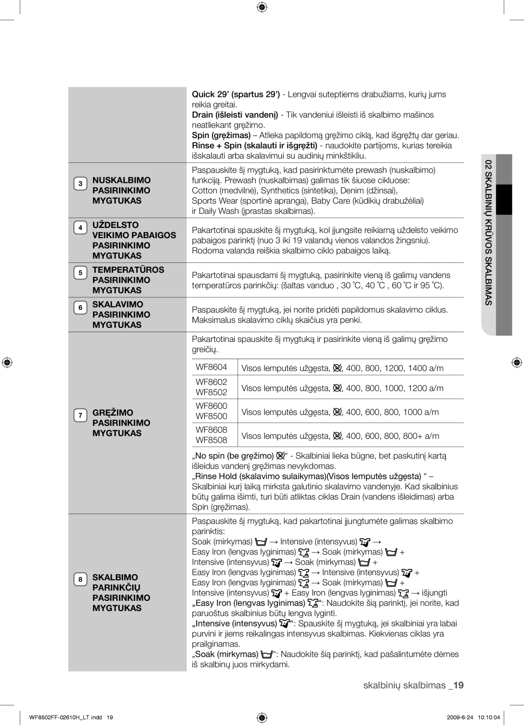 Samsung WF8502FFC/YLR Nuskalbimo, Pasirinkimo, Uždelsto, Veikimo Pabaigos, Mygtukas Temperatūros, Skalavimo, Gręžimo 